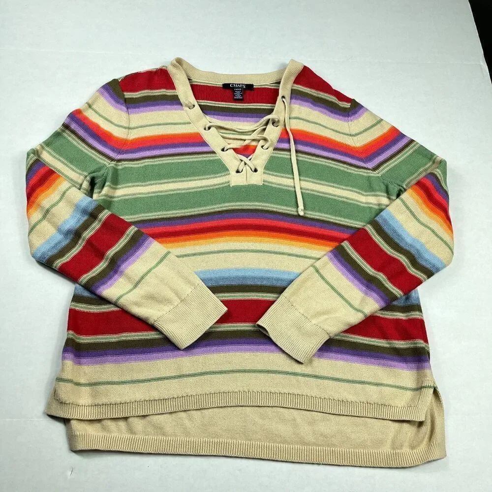 Chaps Womens Lace Up Sweater Striped Southwestern Boho Casual Pullover PM